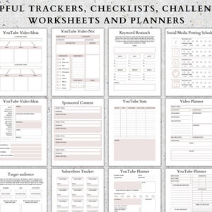 May include: A printable worksheet set for YouTube creators. The worksheets include sections for video ideas, keyword research, social media posting schedules, sponsored content, video stats, video planners, subscriber trackers, and target audience.
