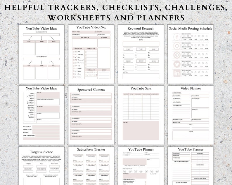 May include: A printable worksheet set for YouTube creators. The worksheets include sections for video ideas, keyword research, social media posting schedules, sponsored content, video stats, video planners, subscriber trackers, and target audience.
