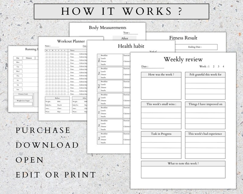 May include: A collection of printable fitness and health planners. The pages include a workout planner, body measurements tracker, health habit log, and weekly review sheet. The text on the image reads "HOW IT WORKS?" and "PURCHASE, DOWNLOAD, OPEN, EDIT OR PRINT."