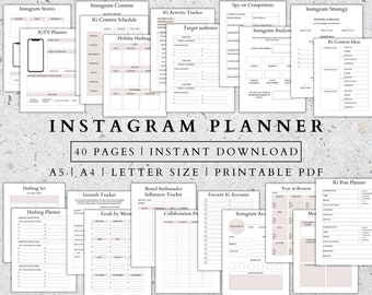 May include: A printable Instagram planner with 40 pages in A5, A4, and letter size. The planner includes sections for Instagram stories, content schedule, activity tracker, competitor analysis, strategy, content ideas, hashtag set, growth tracker, brand ambassador, influencer tracker, favorite accounts, hashtag planner, goals by month, collaboration pitch, Instagram accounts, year in review, and post planner.