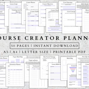 Pode incluir: Um planejador de criação de cursos imprimível com 50 páginas em tamanho A5, A4 e carta. O planejador inclui seções para objetivos SMART, roteiros de aulas, objetivos do curso, resultados principais, modelo AIDA, detalhes do curso, conceitos básicos, planejador de vídeo, mapa mental de tópicos, público-alvo, estratégia de funil de vendas, mapa mental, inscrição gratuita, brainstorming de vídeo, planejador de promoção, depoimento, pontos de marcadores da aula, lista de verificação do curso, e muito mais.