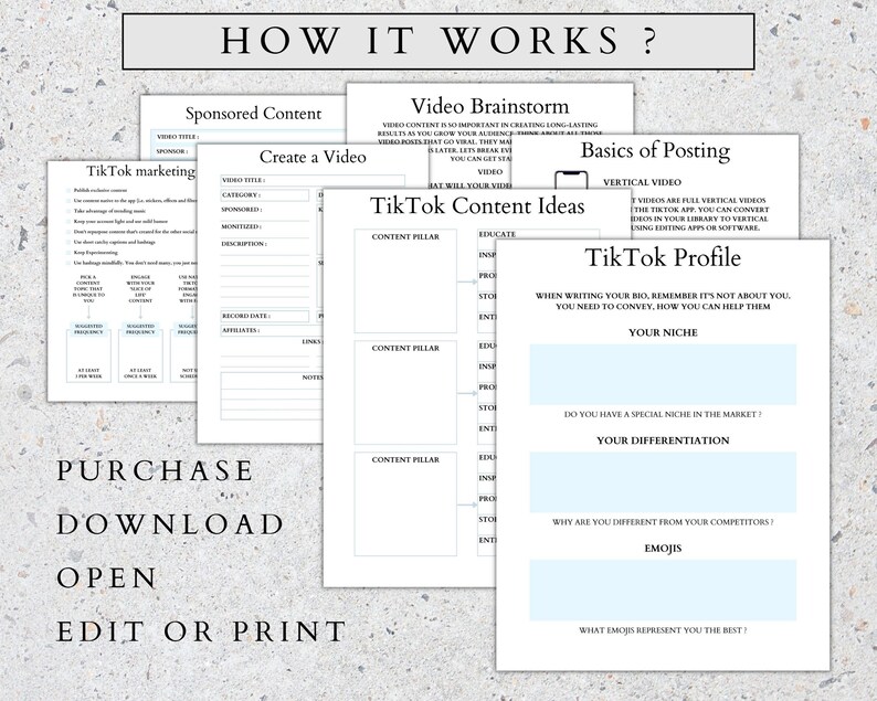 May include: A printable worksheet with tips for creating and posting videos on TikTok. The worksheet includes sections for brainstorming video ideas, creating a video, and building a TikTok profile.