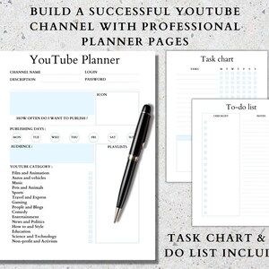 Op de afbeelding: Een printbare YouTube-kanaalplanner met secties voor kanaalnaam, beschrijving, inloggen, wachtwoord, pictogram, hoe vaak te publiceren, publicatiedagen, publiek, afspeellijsten, YouTube-categorie en taakoverzicht en to-dolijst.
