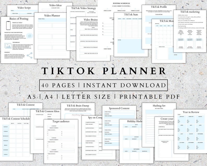 May include: A printable TikTok planner with 40 pages in A5, A4, and letter size. The planner includes sections for video ideas, content schedule, target audience, hashtag sets, and more.