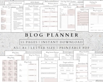 May include: A printable blog planner with 55 pages in A5, A4, and letter sizes. The planner includes sections for brand fundamentals, AIDA model, website planner, one page SEO checklist, hashtag set, weekly post planner, before and after publishing, plugin manager, guest blog posts, daily planner, SMART goals, blog to-do list, blog stats, blog series planner, blog site planner, blog planner, blog checklist, blog essentials, blog goals, target audience, and newsletter planner.