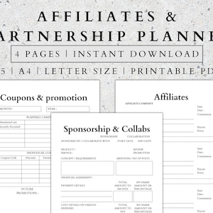 May include: A printable planner for tracking affiliate marketing and partnerships. The planner includes sections for coupons and promotions, sponsorships and collaborations, and affiliates. The planner is designed to help you track your progress and manage your affiliate marketing efforts.