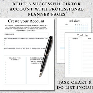 May include: A printable planner page designed to help users build a successful TikTok account. The page includes sections for creating an account, researching hashtags, writing a short description, and creating a call to action. The page also includes a task chart and to-do list.