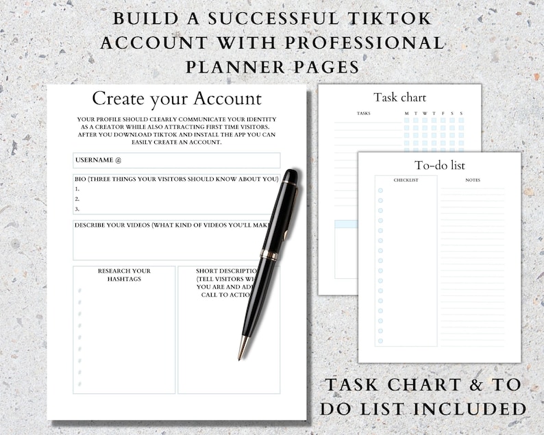 May include: A printable planner page designed to help users build a successful TikTok account. The page includes sections for creating an account, researching hashtags, writing a short description, and creating a call to action. The page also includes a task chart and to-do list.