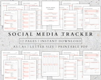 May include: A printable social media tracker with 12 pages in A5, A4, and letter sizes. The pages are organized into sections for monthly and weekly planning, follower growth, campaign management, business goals, social media stats, hashtag research, content ideas, and give away manager.