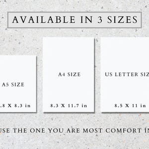 May include: Three white cards with black text showing the different sizes available for a print. The sizes are A5 (5.8 x 8.3 inches), A4 (8.3 x 11.7 inches), and US Letter (8.5 x 11 inches).