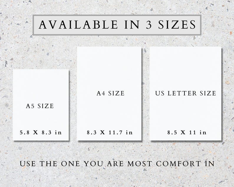 May include: Three white cards with black text showing the different sizes available for a print. The sizes are A5 (5.8 x 8.3 inches), A4 (8.3 x 11.7 inches), and US Letter (8.5 x 11 inches).