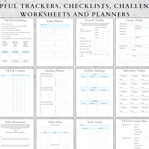 May include: A printable worksheet set for TikTok creators. The worksheets include sections for video planning, hashtag planning, content ideas, growth tracking, and subscriber tracking. The worksheets are designed in a light blue and white color scheme.
