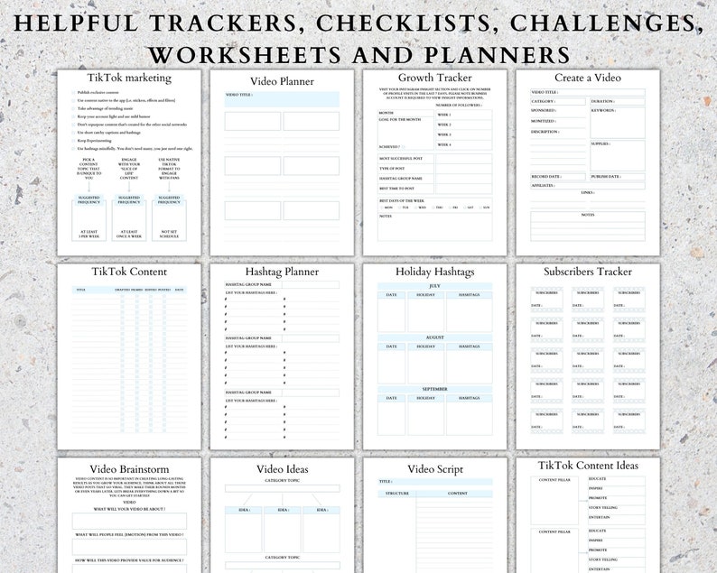 May include: A printable worksheet set for TikTok creators. The worksheets include sections for video planning, hashtag planning, content ideas, growth tracking, and subscriber tracking. The worksheets are designed in a light blue and white color scheme.