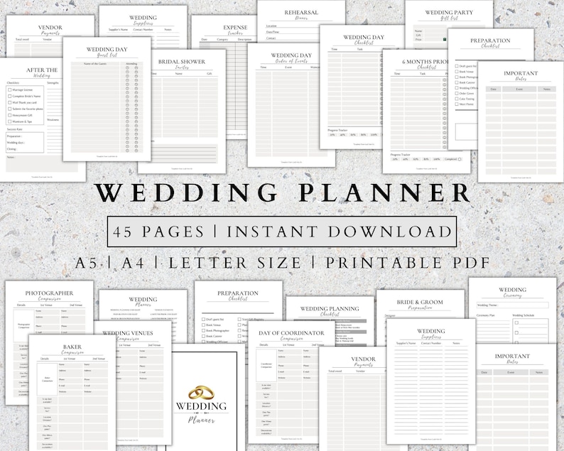 May include: A printable wedding planner with 45 pages in A5, A4, and letter sizes. The planner includes checklists, budget trackers, and vendor lists. The cover features a gold ring design and the text "Wedding Planner".