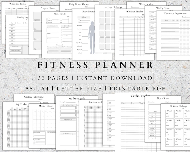 May include: A fitness planner with various pages for tracking progress, including weight loss, workouts, and body measurements. The planner includes sections for goals, reflections, and a 12-week challenge. The text on the planner reads "FITNESS PLANNER" and "32 PAGES | INSTANT DOWNLOAD".