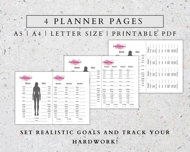 Body Measurement Tracker Printable: Fitness Planner (PDF A5, A4, Letter ...