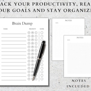 May include: A printable productivity planner with a brain dump section, priority levels, and a checklist. It also includes three blank note pages with a grid pattern.