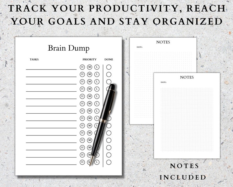 May include: A printable productivity planner with a brain dump section, priority levels, and a checklist. It also includes three blank note pages with a grid pattern.