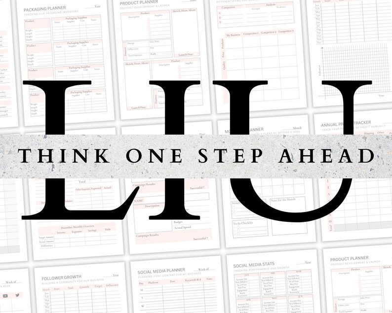 May include: A collection of white planner pages with pink accents, featuring various sections for product development, packaging, and social media planning. The text "THINK ONE STEP AHEAD" is prominently displayed.