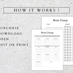 May include: A printable brain dump planner with sections for tasks, priority, and done. The planner also includes sections for must do, could do, want to do, people involved, schedule, follow up, and create. The planner has a section for notes and tomorrow.