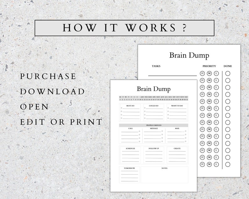 May include: A printable brain dump planner with sections for tasks, priority, and done. The planner also includes sections for must do, could do, want to do, people involved, schedule, follow up, and create. The planner has a section for notes and tomorrow.