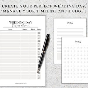 May include: A printable wedding day budget planner with a checklist, a notes section with lines, and a notes section with a grid pattern. The text on the planner says "Wedding Day Budget Planner".