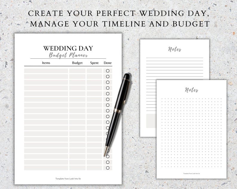 May include: A printable wedding day budget planner with a checklist, a notes section with lines, and a notes section with a grid pattern. The text on the planner says "Wedding Day Budget Planner".