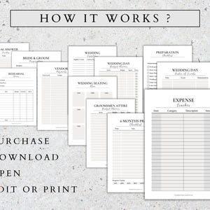 May include: A printable wedding planning checklist with sections for bridal shower, bride and groom, vendor payments, rehearsal dinner, wedding day budget planner, wedding seating plan, groomsmen attire budget planner, 6 months prior checklist, preparation checklist, wedding day order of events, and expense tracker.