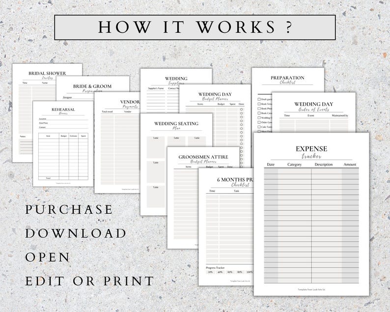 May include: A printable wedding planning checklist with sections for bridal shower, bride and groom, vendor payments, rehearsal dinner, wedding day budget planner, wedding seating plan, groomsmen attire budget planner, 6 months prior checklist, preparation checklist, wedding day order of events, and expense tracker.