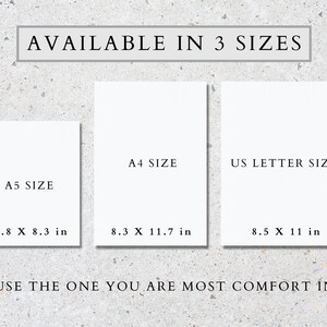 May include: Three white paper sizes are displayed: A5 (5.8 x 8.3 in), A4 (8.3 x 11.7 in), and US Letter (8.5 x 11 in). The text "AVAILABLE IN 3 SIZES" and "USE THE ONE YOU ARE MOST COMFORT IN" are also present.