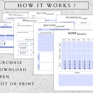 May include: A set of printable self-care journal pages with a light blue and white color scheme. The pages include sections for dream journaling, self-assessment, self-love affirmations, and a sleep tracker.