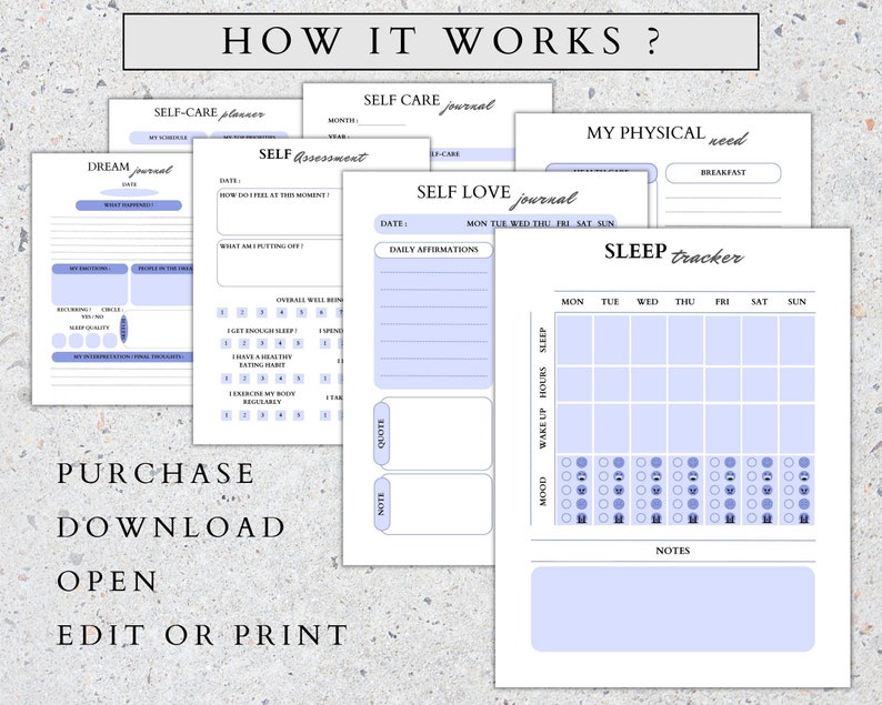 May include: A set of printable self-care journal pages with a light blue and white color scheme. The pages include sections for dream journaling, self-assessment, self-love affirmations, and a sleep tracker.