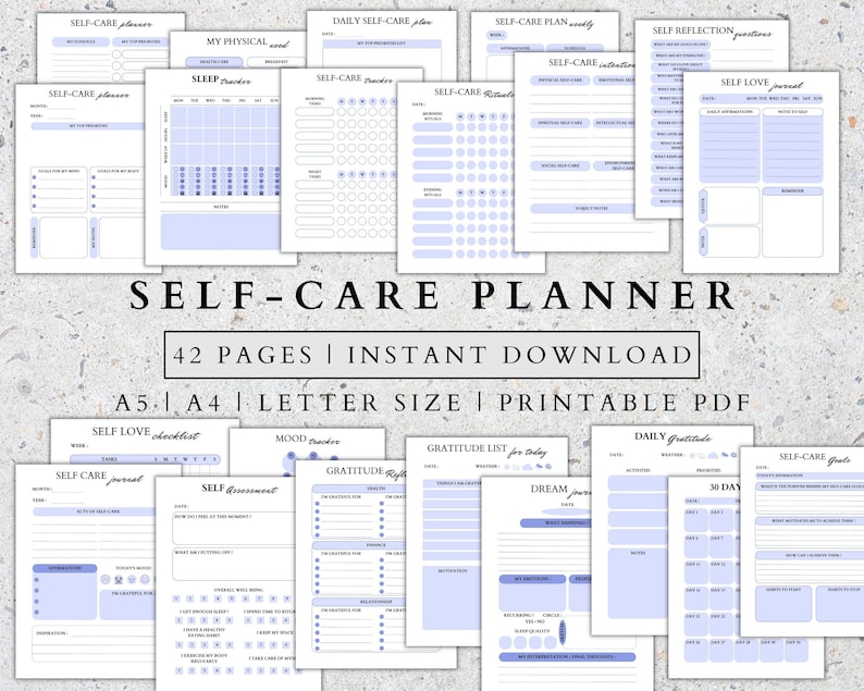 May include: A printable self-care planner with 42 pages. The planner includes sections for daily self-care, sleep tracker, mood tracker, gratitude lists, self-love checklist, self-care journal, self-assessment, and dream journal. The planner is designed in a light blue and white color scheme.