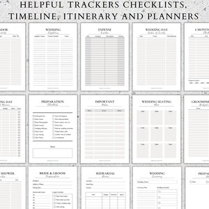 May include: A set of printable wedding planning checklists and trackers. The checklists include sections for vendor payments, wedding supplies, expenses, wedding day order of events, 6 months prior checklist, wedding day budget planner, preparation checklist, important dates, wedding seating plan, groomsmen attire budget planner, bridal shower details, bride and groom preparation, rehearsal details, wedding ceremony, and preparation details.