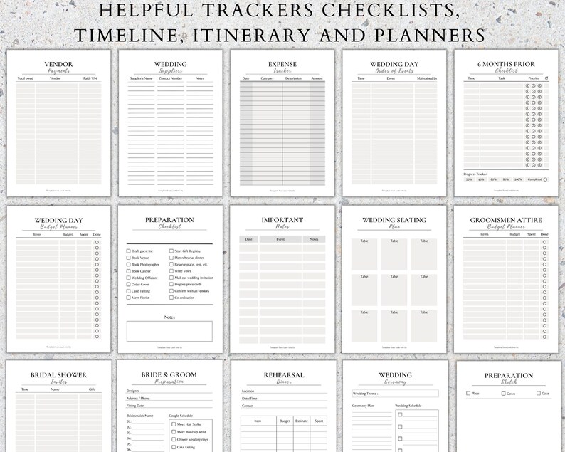 May include: A set of printable wedding planning checklists and trackers. The checklists include sections for vendor payments, wedding supplies, expenses, wedding day order of events, 6 months prior checklist, wedding day budget planner, preparation checklist, important dates, wedding seating plan, groomsmen attire budget planner, bridal shower details, bride and groom preparation, rehearsal details, wedding ceremony, and preparation details.