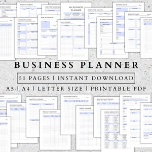 May include: A printable business planner with 50 pages in A5, A4, and letter size. The planner includes sections for target customer market, seasonal trends, product planner, packaging planner, long-term business goals, daily planner, competitor analysis, business overview, weekly planner, supply inventory, to-do checklist, quarterly planner, returns tracker, shipping and postage tracker, product inventory, packaging supplies, order tracker, monthly sales tracker, supplier list, social media stats, and monthly finances.