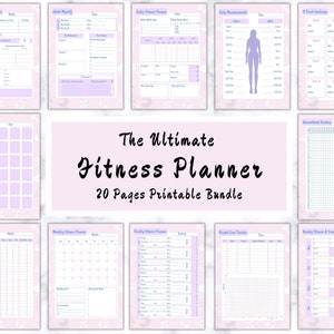 May include: A printable fitness planner bundle with 20 pages. The pages are designed with a pink and purple colour scheme and feature a variety of fitness-related trackers, including daily, weekly, and monthly planners, a 30-day challenge tracker, a weight loss tracker, and a body measurements tracker. The text "The Ultimate Fitness Planner" is featured in a large, bold font.