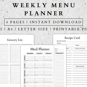 Weekly Meal Planner Printable: Grocery List, Recipe Card (PDF, A5/A4/US Letter)