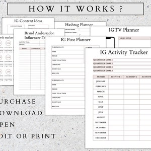 May include: A printable planner for Instagram content creators. The planner includes sections for content ideas, hashtag planning, IGTV planning, and an activity tracker. The planner is designed to help users plan and track their Instagram activity.