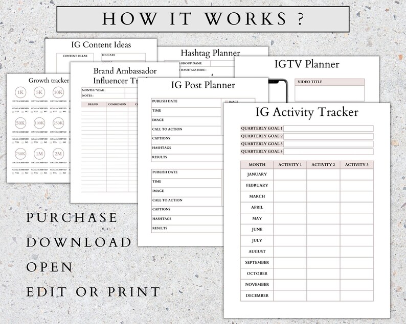 May include: A printable planner for Instagram content creators. The planner includes sections for content ideas, hashtag planning, IGTV planning, and an activity tracker. The planner is designed to help users plan and track their Instagram activity.
