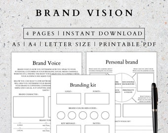 May include: Printable PDF worksheet for developing a brand voice and personal brand. The worksheet includes sections for brand character, brand tone, key message, notes, logo, fonts, brand color hex codes, work experience, educational background, skills and interests, personality and values, and what's your USP?