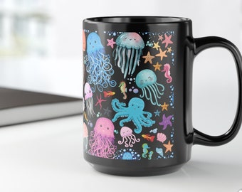JELLY FISH Gifts, Cute Jellyfish, Jellyfish mug Gift for ocean lovers, cute ocean graphics,sea turtles, Jelly FISH Black Mug, Large ceramic