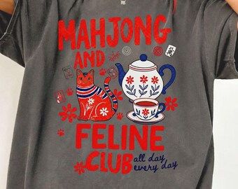 Mahjong and Feline Club Shirt, Cat Lover Mahjong Tee, Cute Cat Graphic Shirt, Mahjong Player Gift, Tea Lover T-Shirt