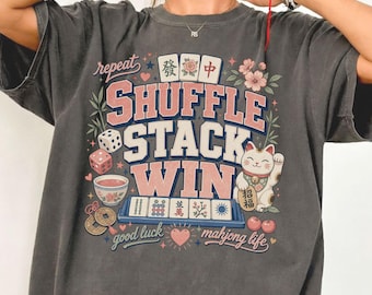 Mahjong Shirt, Shuffle Stack Win Tee, Mahjong Lover Gift, Cute Game Night Shirt, Mahjong Graphic T-Shirt, Lucky Tiles Tee