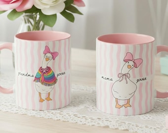 Mama Goose mug | Accent coffee mug with pink bow goose, striped pattern