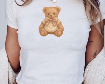 Coquette Pink Victorian Bear Baby Tee for Women, Cute Vintage Aesthetic Crop Top gift for her, Pastel Cottagecore Coquette Shirt