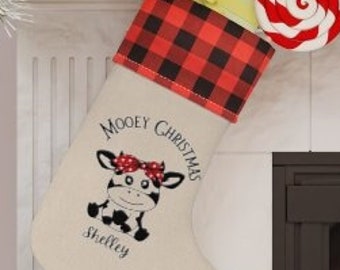 Custom cow Christmas Stocking, personalized name cute cow stocking, western gingham Christmas gift, custom stocking, custom name xmas gift