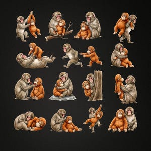 May include: A series of watercolour illustrations of monkeys on a black backdrop. The monkeys, in shades of brown, grey, and orange, are shown in various poses, some interacting playfully or affectionately with each other.