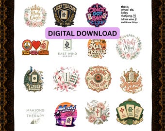 Zestaw Mahjong PNG: 16 retro, kwiatowych i zabawnych cyfrowych wzorów Mahjong Koszulka Mahjong PNG, cyfrowe pobieranie