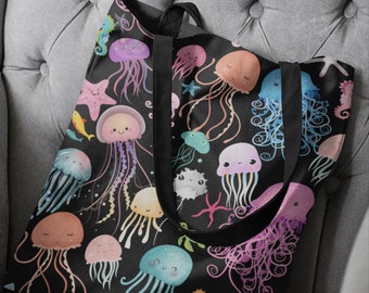 OCEAN CREATURES TOTE,  Cute Jellyfish, Reusable Bag, Sea Life, under the sea, Sea Creatures, Marine Biology Gift, Marine Life, turtle, fish